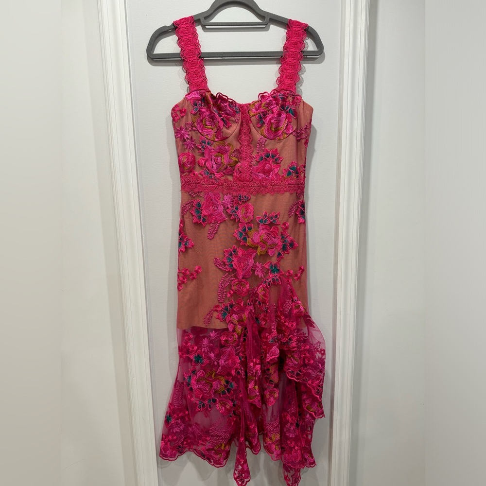 Bronx and Banco Hot Pink Floral Lace Overlay Dress - Picture 3 of 13